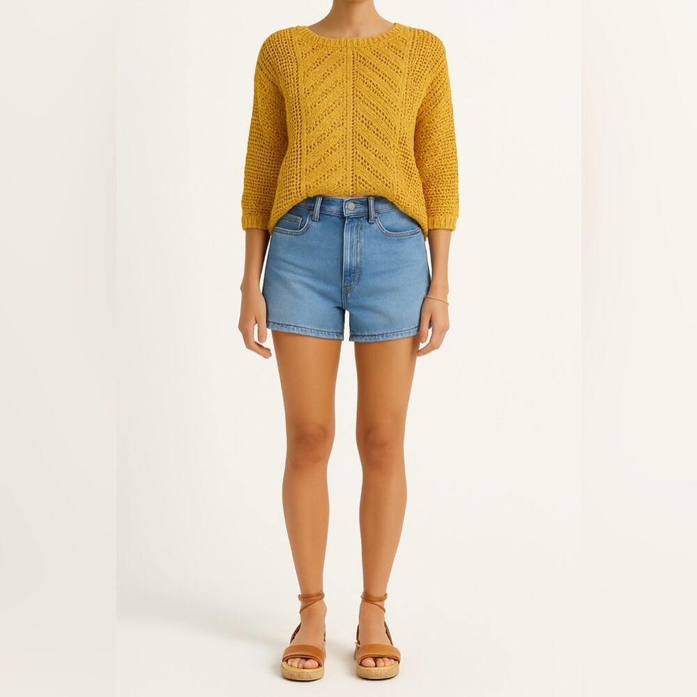 CHELSEA & THEODORE Mustard Open Knit Sweater | Size XXL | Lightweight 3/4 Sleeve